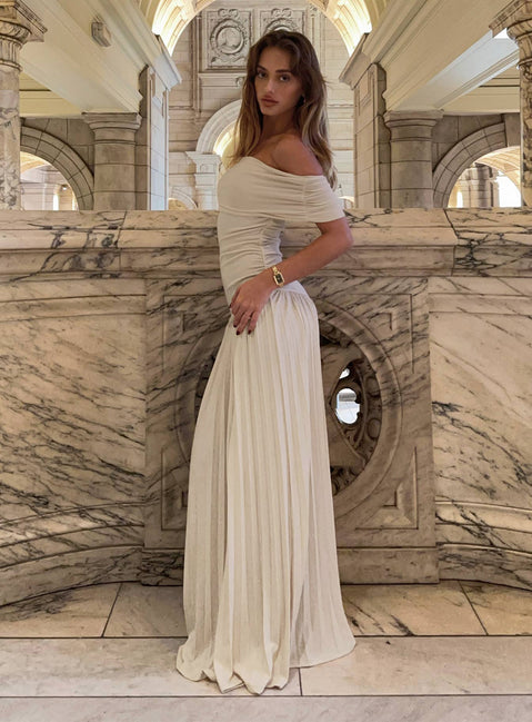 side view of model wearing Princess Polly Field Of Dreams Maxi Dress Oatmeal Straight Neck 