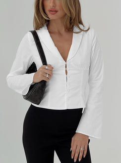 front view of model wearing Princess Polly Work Of Art Long Sleeve Top White Full Sleeves V-Neck 