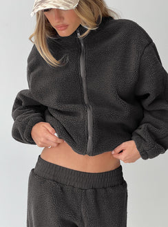front view of model wearing Princess Polly Siberia Fleece Zip Up Jumper Charcoal regular Jumpers 