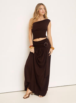   side view of model wearing Princess Polly Full Orbit Shirred Maxi Skirt Chocolate Brown Maxi Skirts Skirts 