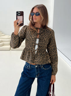 front view of model wearing Princess Polly Recognize Tie Detail Long Sleeve Top Leopard Full Sleeves Crew Neck 