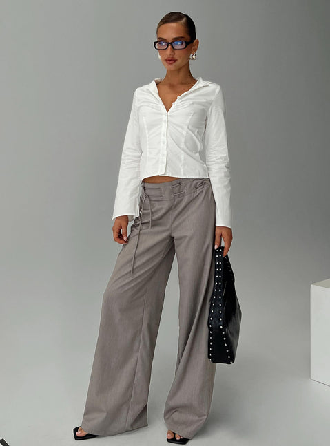 front view of model wearing Princess Polly Just Have Fun Wide Leg Pant Grey Tall High Rise Pants Pants 