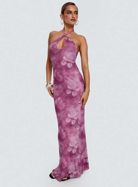 front view of model wearing Princess Polly Nathaleia Halter Maxi Dress Purple Asymmetric Neckline 