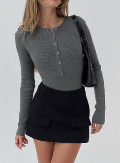 front view of model wearing Princess Polly Kerra Long Sleeve Bodysuit Charcoal Long Sleeve Tops Bodysuit 