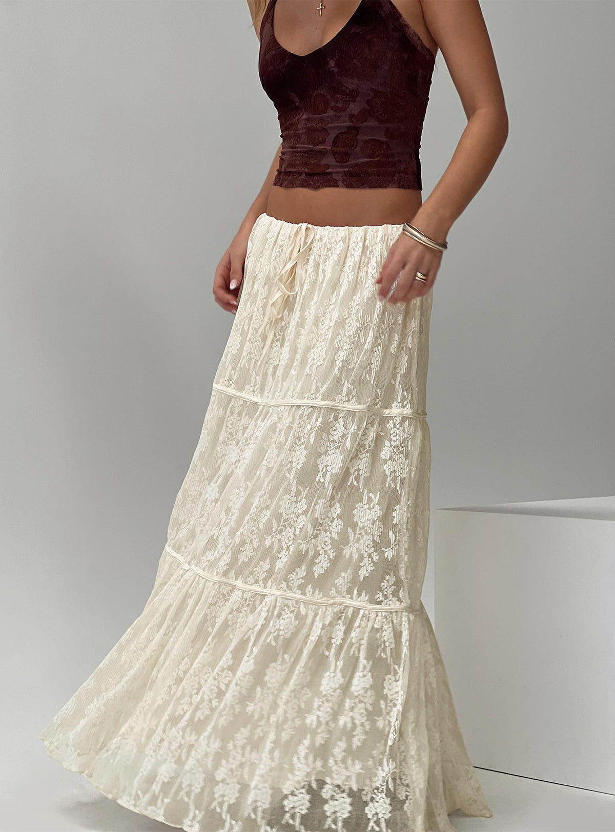 back view of model wearing Princess Polly Oh Plisse Maxi Skirt Cream Maxi Skirts Skirts 