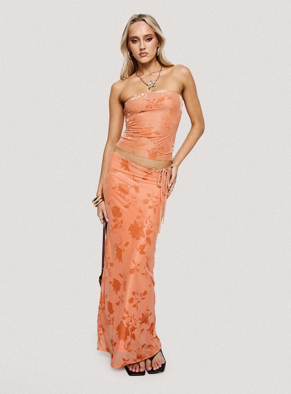  front view of model wearing Princess Polly Mikah Maxi Skirt Orange Maxi Skirts Skirts 
