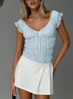 back view of model wearing Princess Polly Ahead Of Myself Off Shoulder Bodysuit Blue Stripe Short Sleeve Bodysuit 