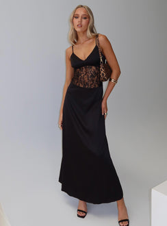 front view of model wearing Princess Polly Captivate Lace Maxi Dress Black V-Neck 
