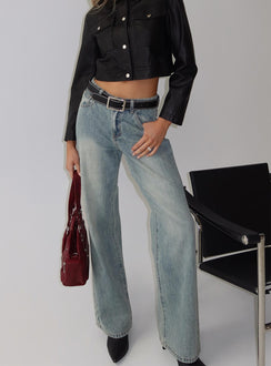 front view of model wearing Princess Polly Echo Park High Rise Straight Leg Jeans Vintage Wash Mid Rise Jeans Jeans 