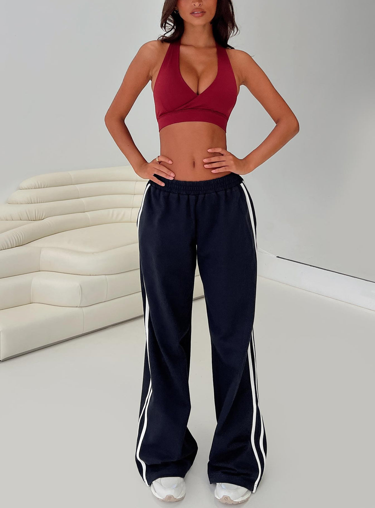 front view of model wearing Princess Polly Circuit Track Pants Navy 