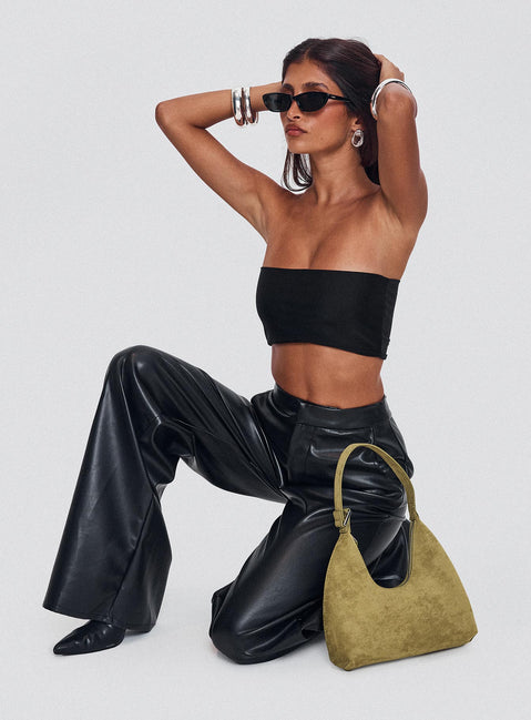 side view of model wearing Princess Polly Tempted Faux Leather Pant Black High Rise Pants Pants 