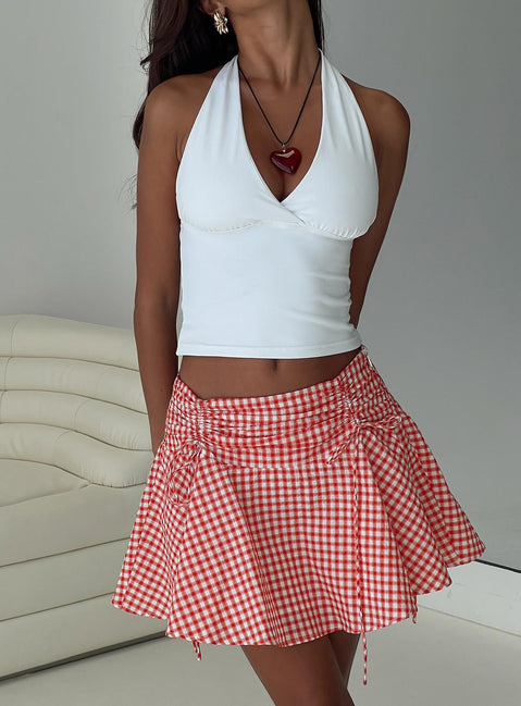 back view of model wearing Princess Polly Sweet Verona Ruched Mini Skirt Red Check Mini Skirts Skirts 