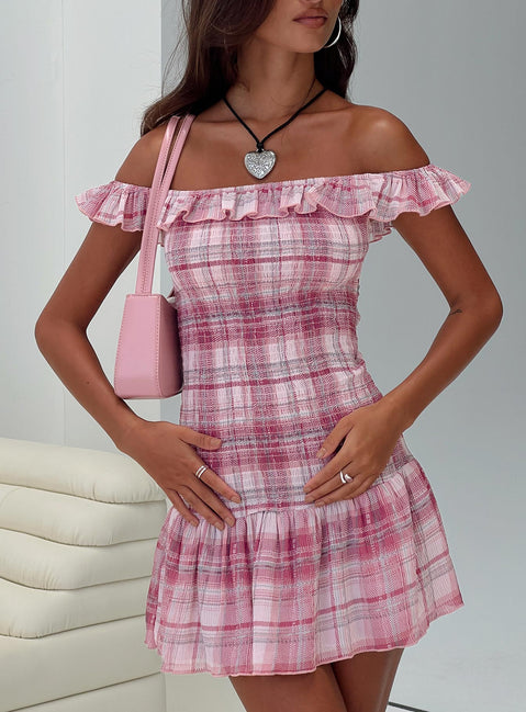 front view of model wearing Princess Polly Ultralove Strapless Mini Dress Pink Multi Straight Neck 
