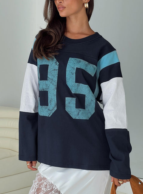front view of model wearing Princess Polly Collegiate Queen Long Sleeved Top Navy Full Sleeves Crew Neck 