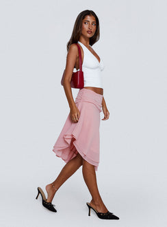   side view of model wearing Princess Polly Evanescence Asymmetrical Midi Skirt Pastel Pink Midi Skirts 