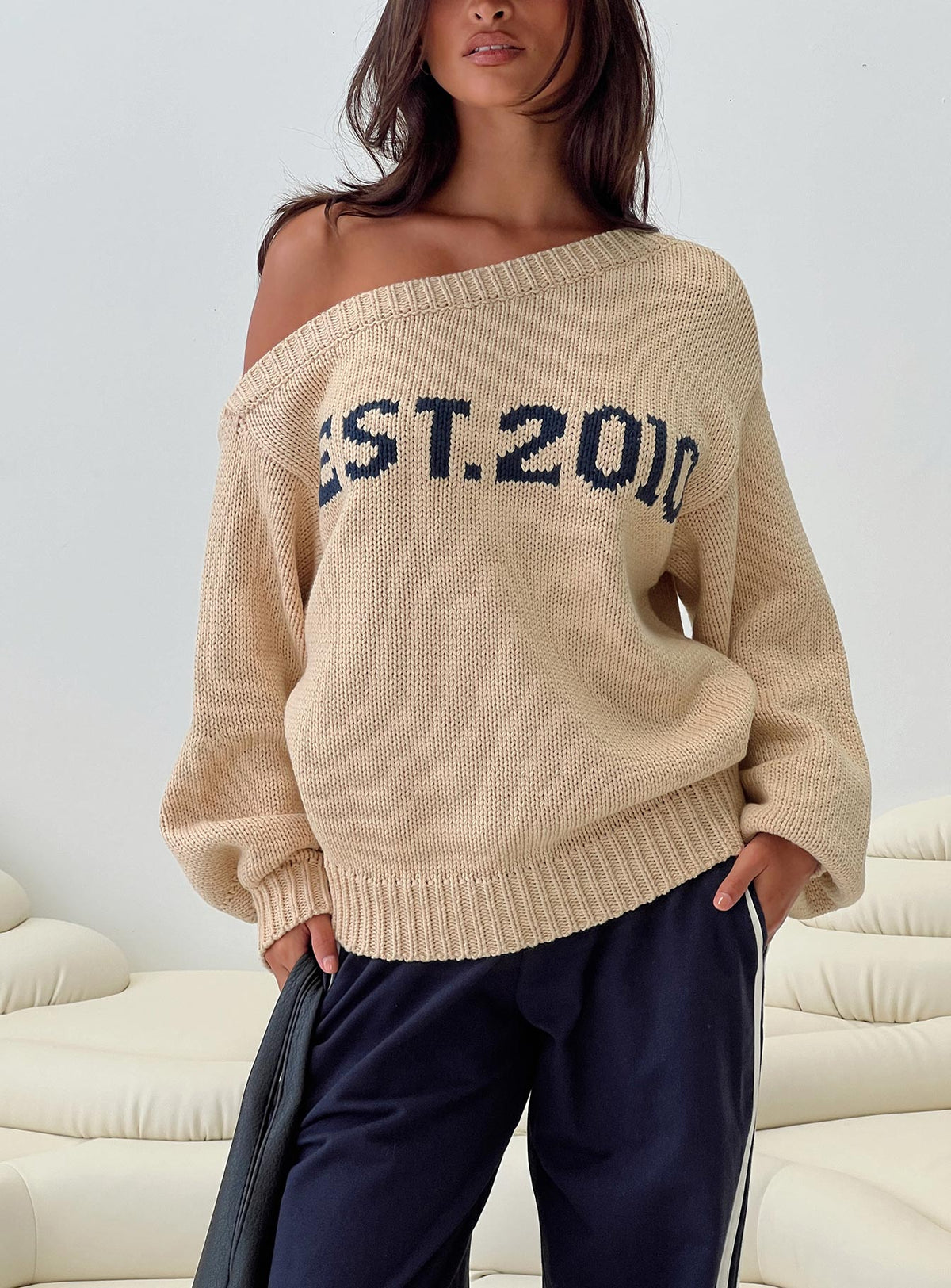front view of model wearing Princess Polly Jadynn Off Shoulder Knit Sweater Cream Jumpers 