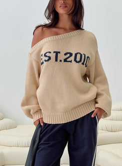 front view of model wearing Princess Polly Jadynn Off Shoulder Knit Sweater Cream Jumpers 