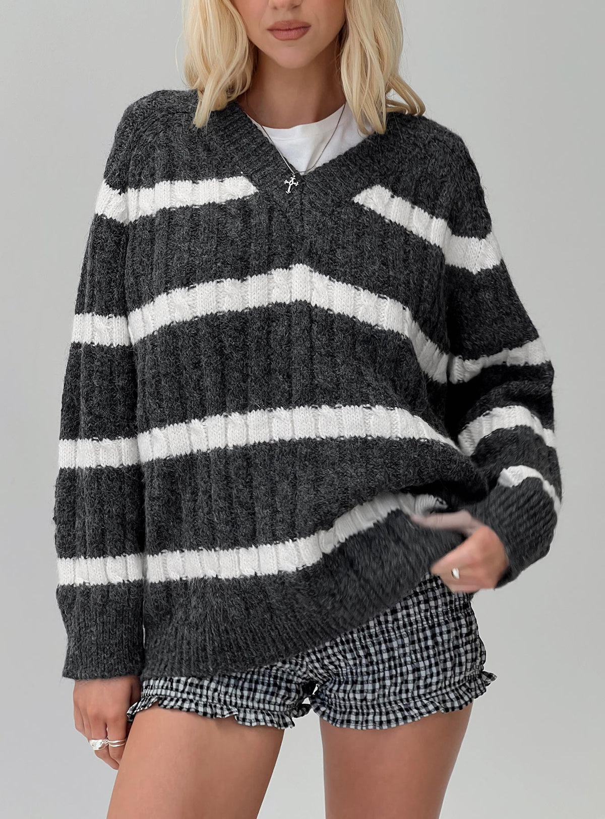 front view of model wearing Princess Polly Percivill Knit Sweater Grey / Cream Longline Jumpers Jumpers 
