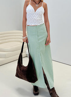   front view of model wearing Princess Polly Macadamia Maxi Skirt Green / White Maxi Skirts Skirts 