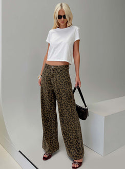front view of model wearing Princess Polly Briony Low Rise Wide Leg Jean Leopard Mid Rise Jeans Jeans 