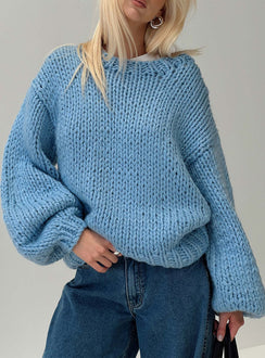 front view of model wearing Princess Polly Arrowtown Hand Knit Sweater Blue Longline Jumpers Jumpers 