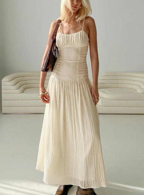 front view of model wearing Princess Polly Quinley Shirred Maxi Dress Cream Scoop Neck 