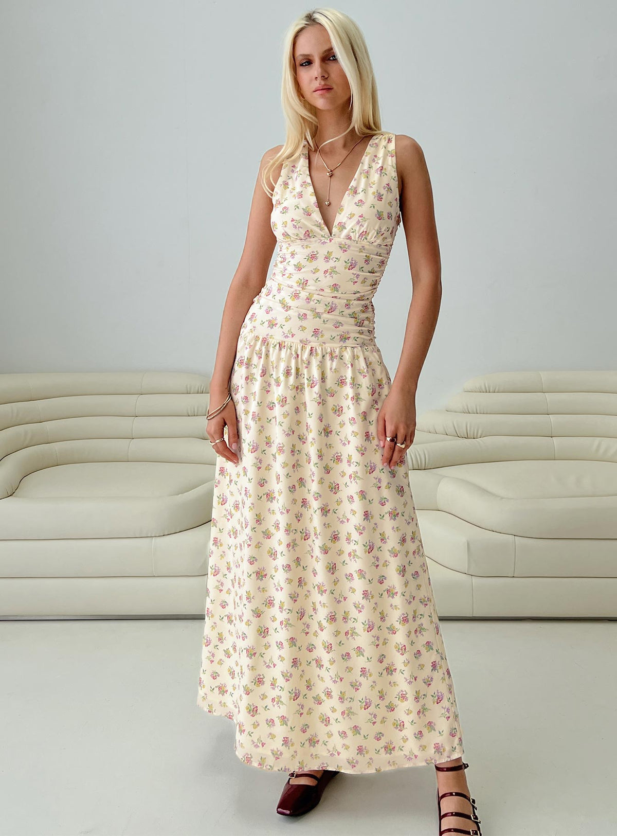 front view of model wearing Princess Polly Esthie Maxi Dress Multi Floral V-Neck 