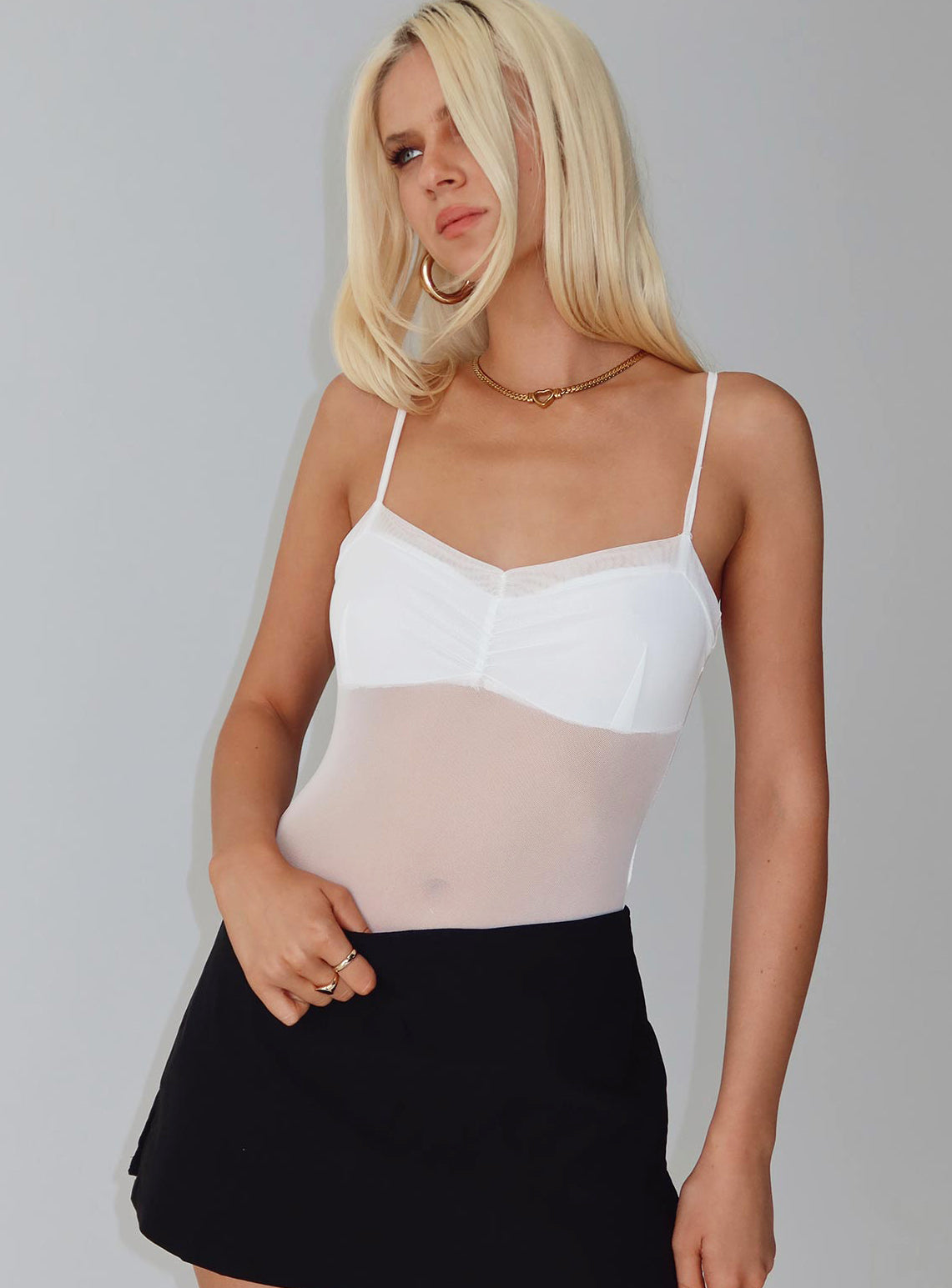 back view of model wearing Princess Polly In The Club Bodysuit White Sleeveless Bodysuit 