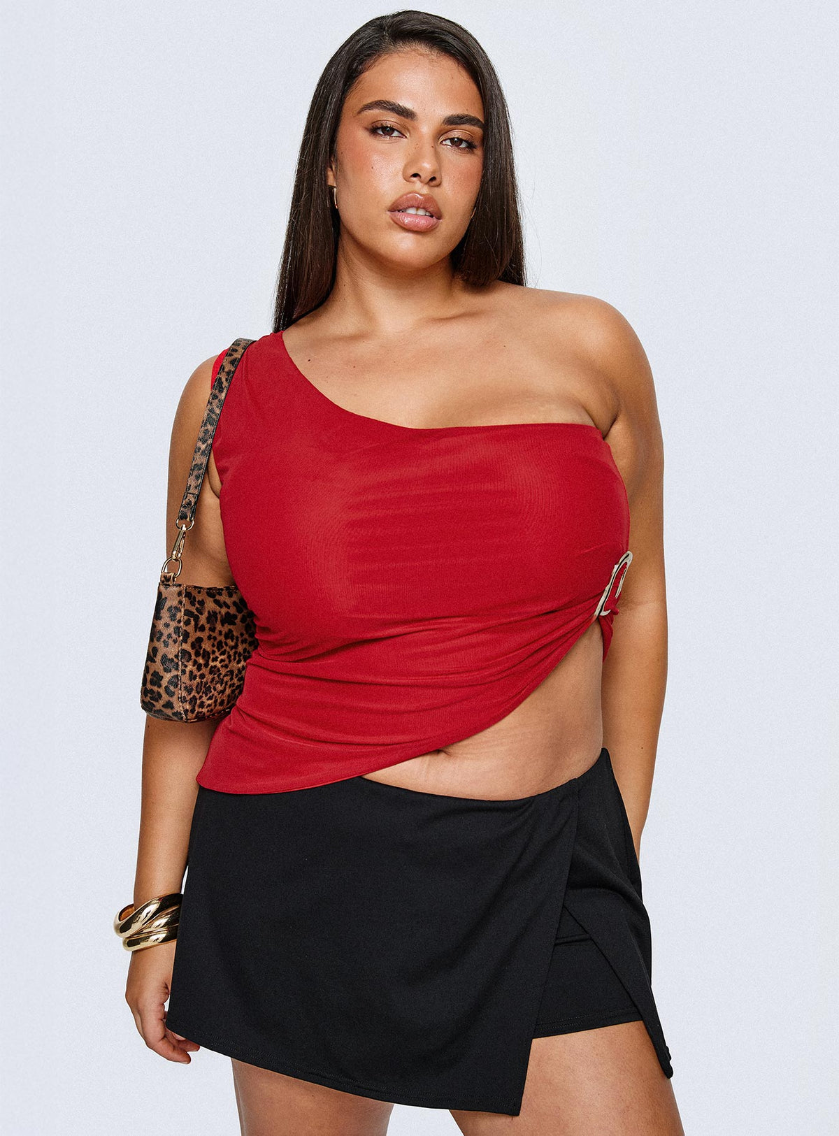 front view of model wearing Princess Polly For The Thrill Skort Black Curve High Waisted Shorts 