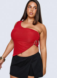 front view of model wearing Princess Polly Machiatto One Shoulder Top Red Curve Sleeveless Asymmetric Neckline 