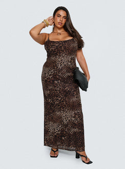 side view of model wearing Princess Polly Knox Maxi Dress Leopard Curve Scoop Neck 
