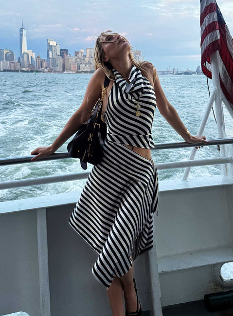 back view of model wearing Princess Polly Allure Midi Skirt Noir Stripe Midi Skirts Skirts 