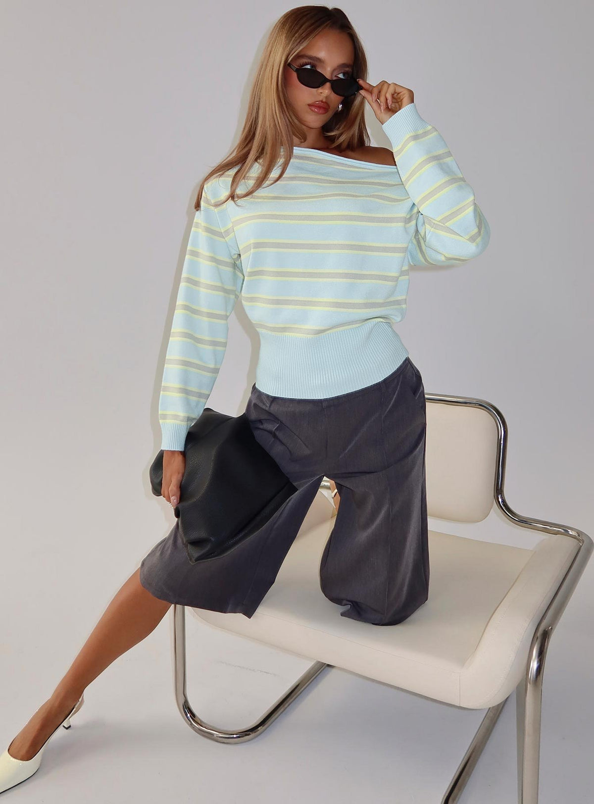 front view of model wearing Princess Polly Zinia Off Shoulder Knit Sweater Grey / Blue Stripe Cropped Jumpers Jumpers 
