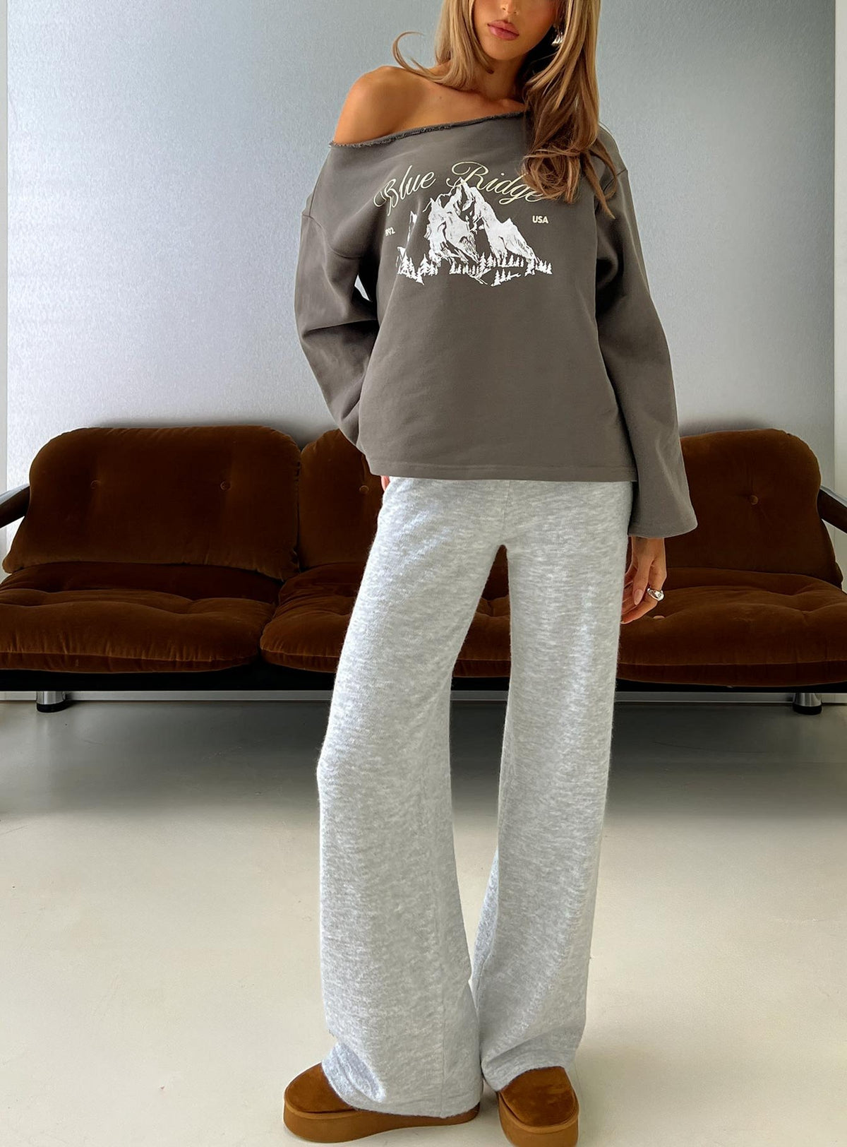 front view of model wearing Princess Polly Bekki Wide Leg Knit Pant Grey Marle High Rise Pants Pants 
