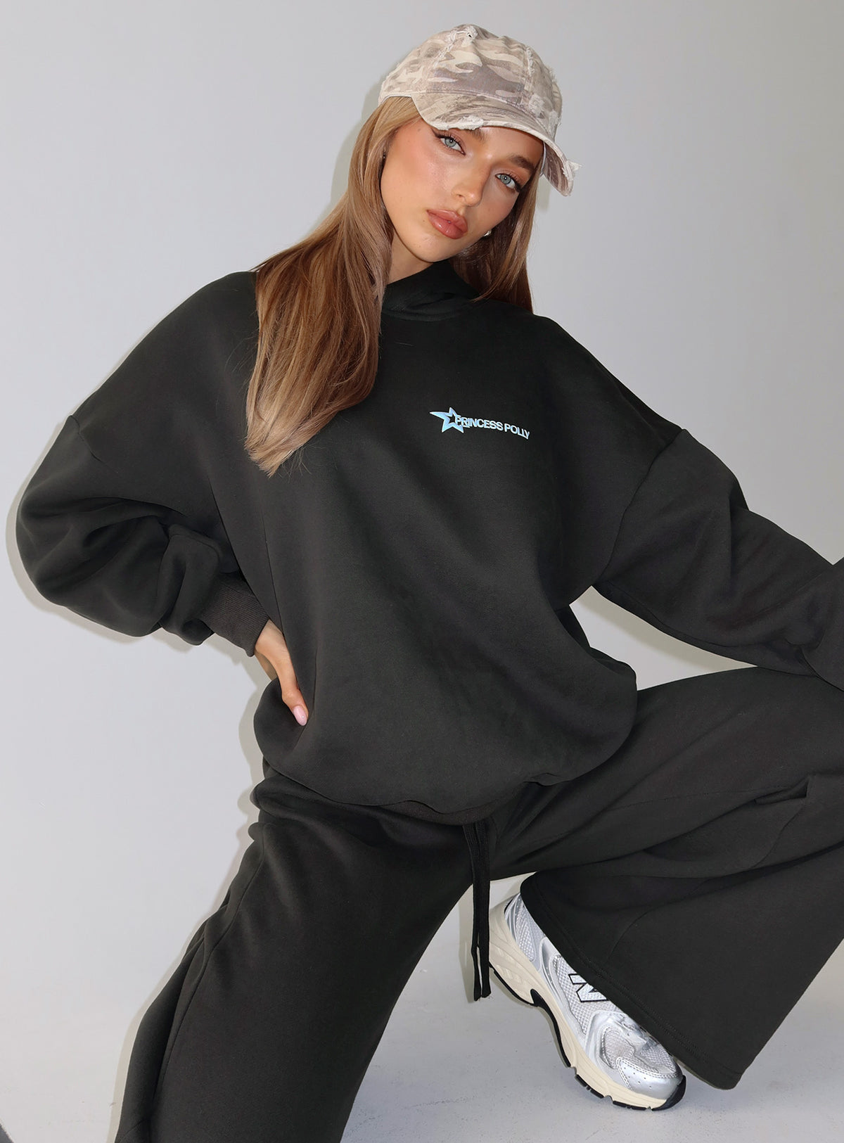 back view of model wearing Princess Polly Princess Polly Stargirl Hoodie Charcoal Longline Jumpers Jumpers 
