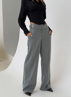 back view of model wearing Princess Polly Jinny Relaxed Buckle Tailored Pants Grey Pinstripe Low Rise Pants Pants 