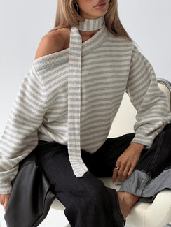 front view of model wearing Princess Polly Ruthi Scarf Off Shoulder Knit Sweater Neutral Stripe Jumpers 