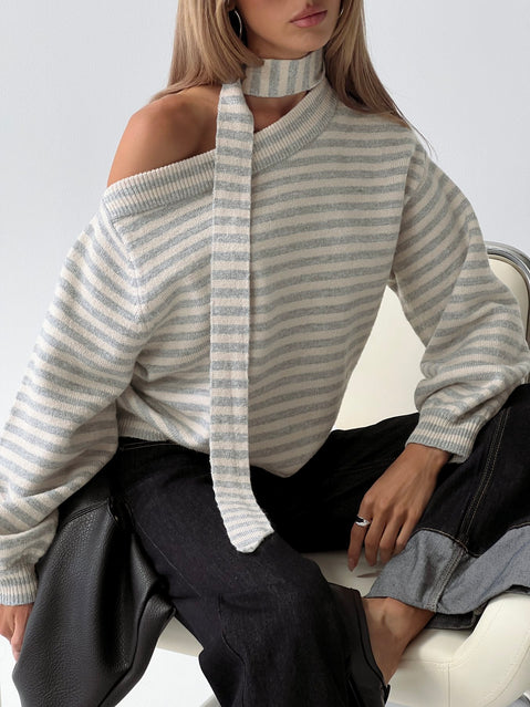 front view of model wearing Princess Polly Ruthi Scarf Off Shoulder Knit Sweater Neutral Stripe Jumpers 