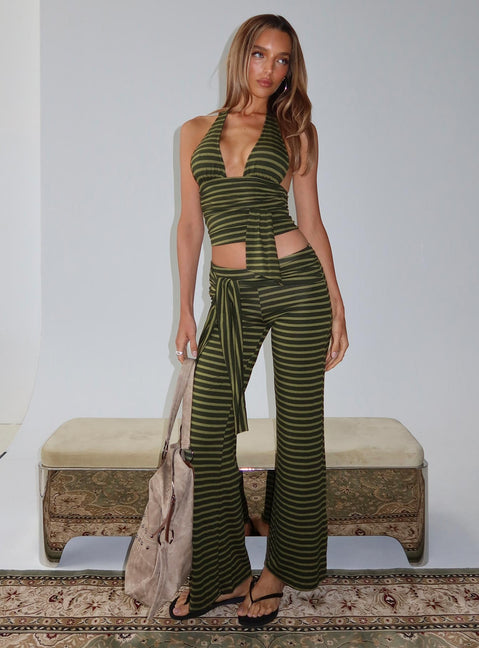 front view of model wearing Princess Polly Esata Tie Detail Pants Green Stripe Mid Rise Pants Pants 