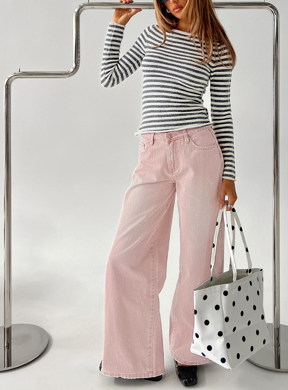 front view of model wearing Princess Polly Lucky Dip Mid Rise Straight Leg Jeans Washed Pink Mid Rise Jeans Jeans 