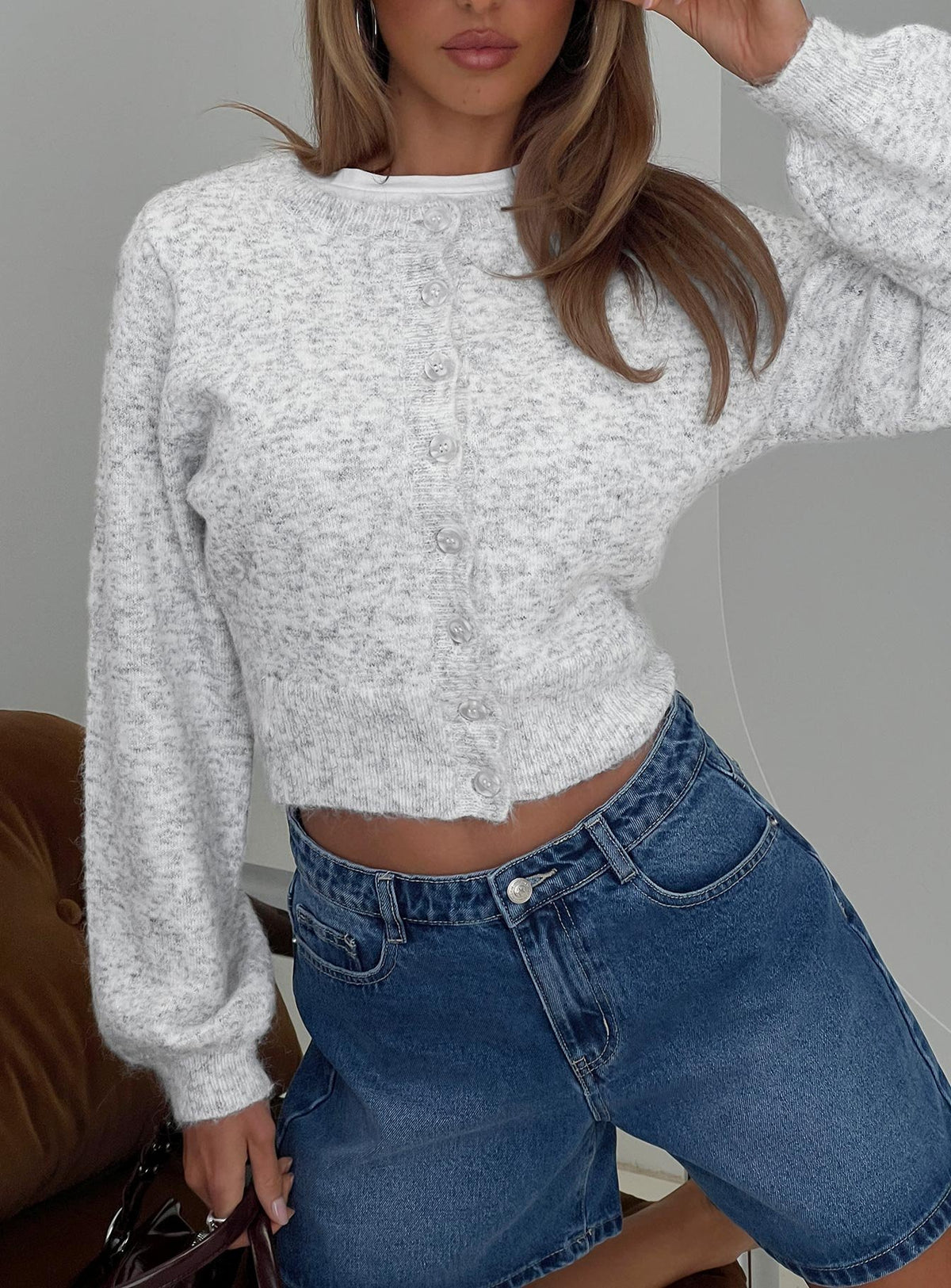 front view of model wearing Princess Polly Dawsen Button Down Cardigan Grey cropped Jumpers 