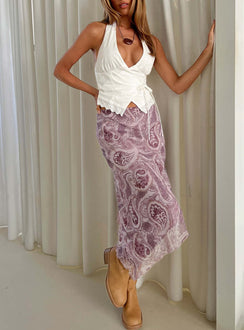   front view of model wearing Princess Polly Suella Asymmetrical Midi Skirt Paisley Multi Skirts 