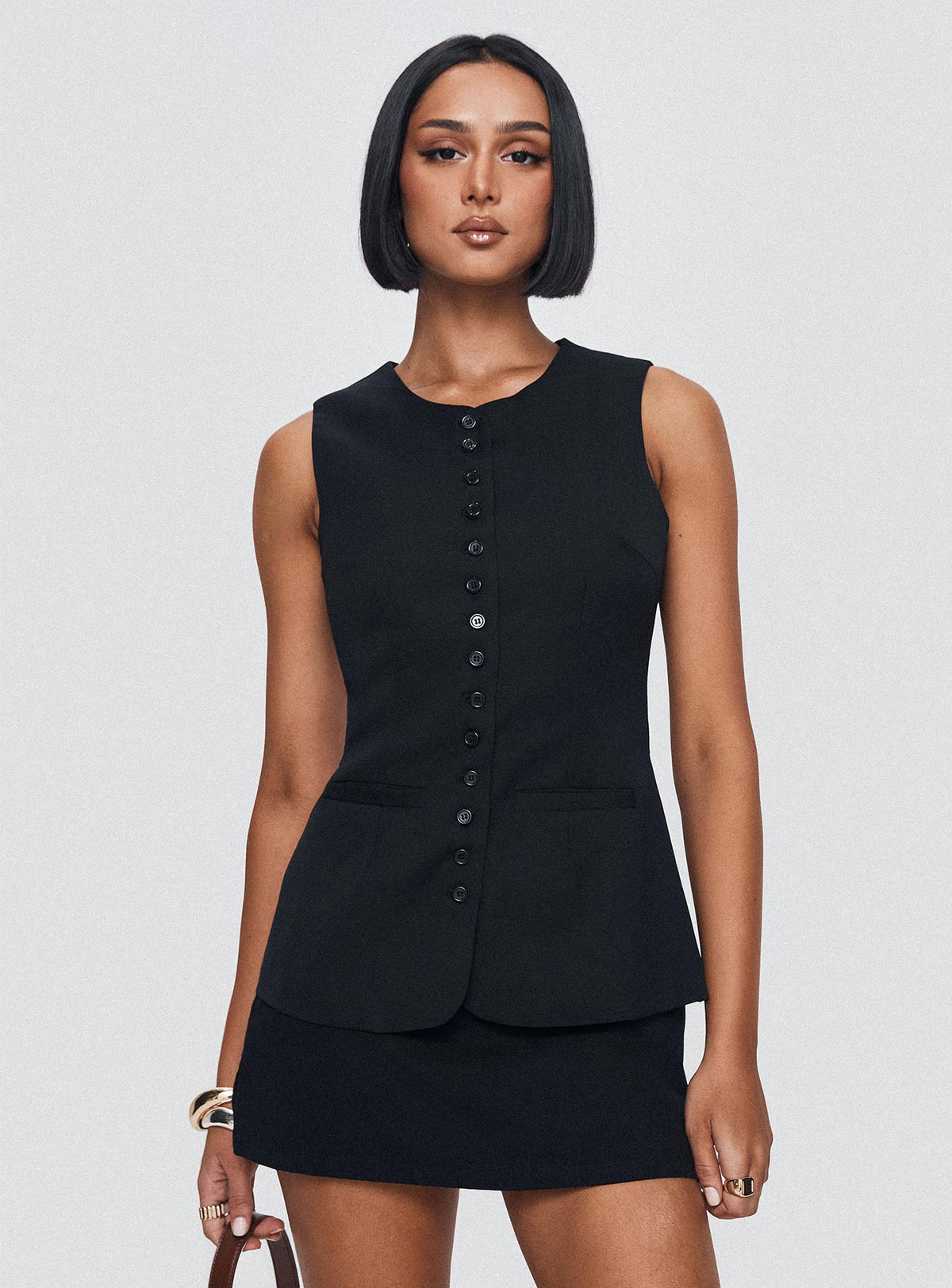 front view of model wearing Princess Polly Islington Top Black Sleeveless Crew Neck 