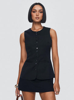 front view of model wearing Princess Polly Islington Top Black Sleeveless Crew Neck 