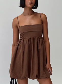front view of model wearing Princess Polly Layken Bubble Hem Mini Dress Chocolate Petite Square Neck 