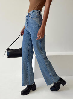 front view of model wearing Princess Polly Arlington High Rise Straight Leg Jeans Mid Wash High Rise Jeans Jeans 