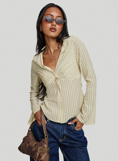 front view of model wearing Princess Polly Life Begins Long Sleeve Lace Trim Top Cream Stripe Full Sleeves V-Neck 