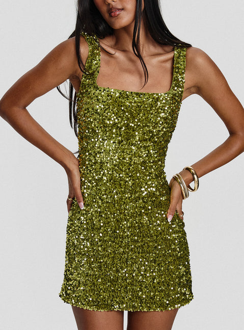 front view of model wearing Princess Polly Miss Me Sequin Mini Dress Chartreuse Square Neck 