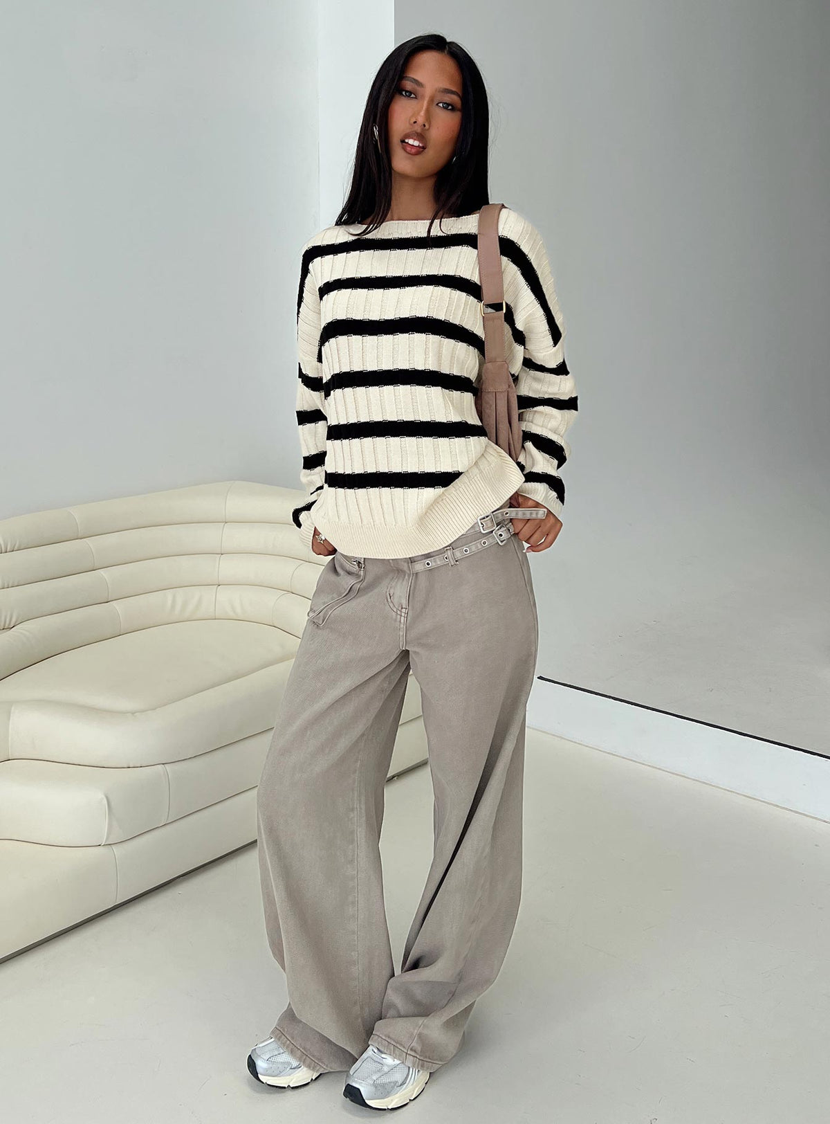 front view of model wearing Princess Polly Elenita Wide Neck Knit Sweater Black / White Longline Jumpers Jumpers 