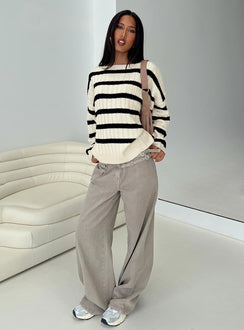 front view of model wearing Princess Polly Elenita Wide Neck Knit Sweater Black / White Longline Jumpers Jumpers 
